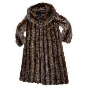 Vintage Real Raccoon Fur Coat Long Striped Luxury Satin Lined Size Medium Brown
